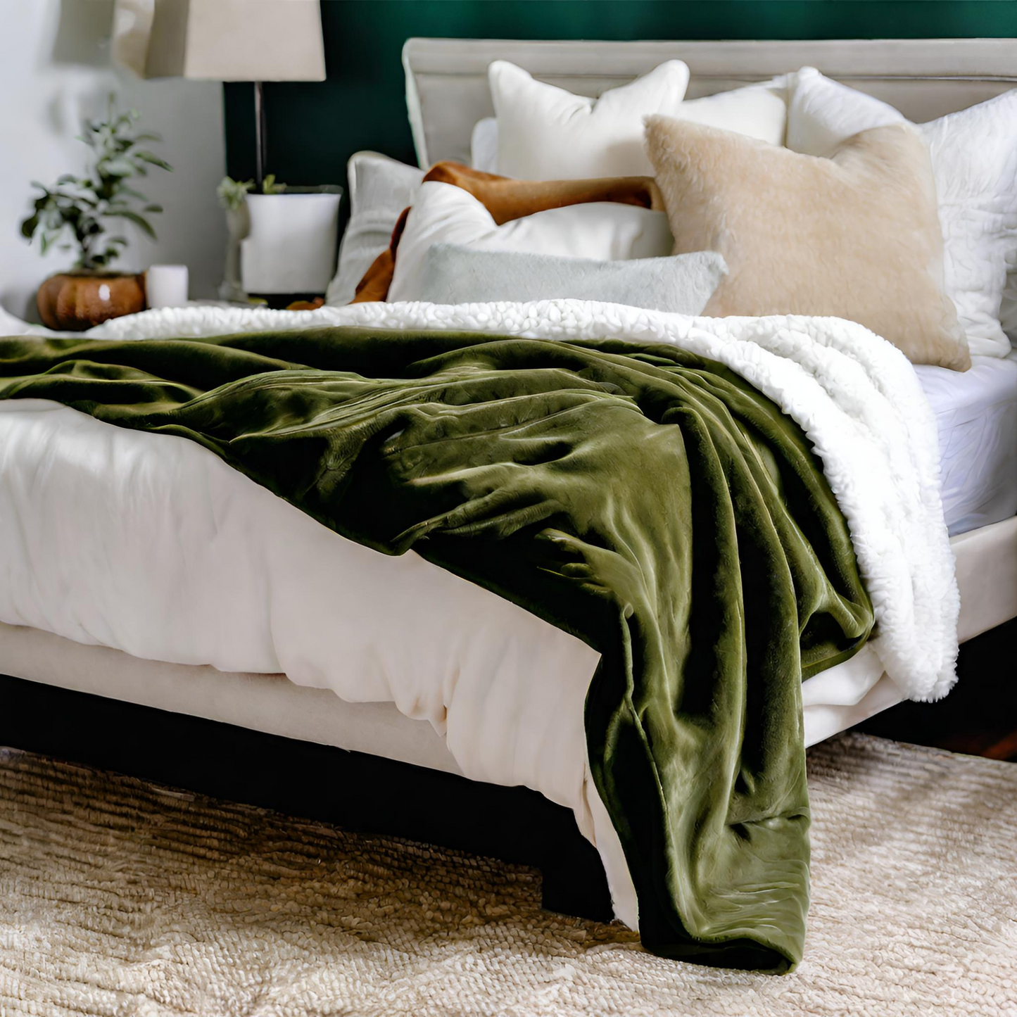 Late Night Lush Green Throw Blankets on Bed