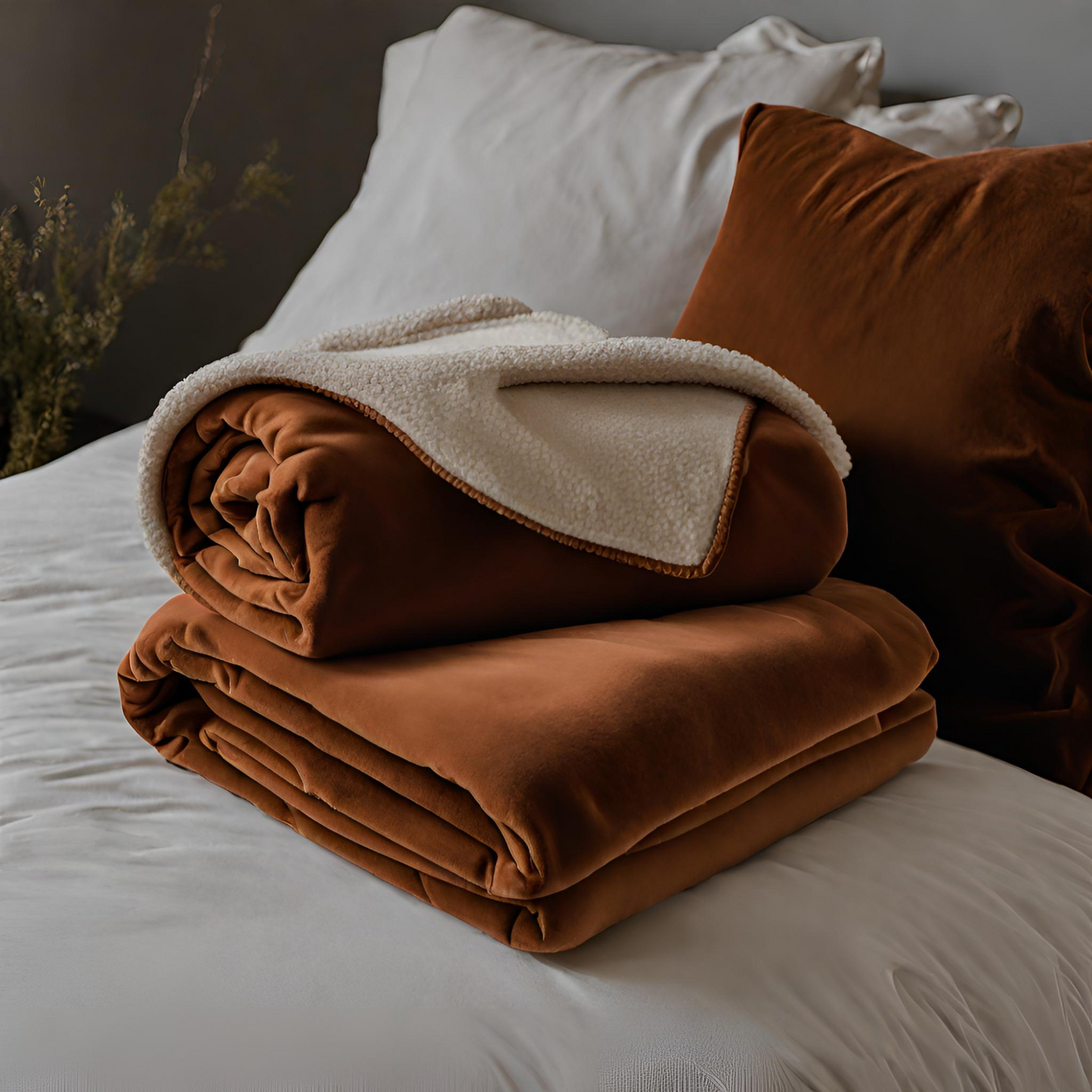 Find the Sweet Spot Brown Throw Blankets folded on bed