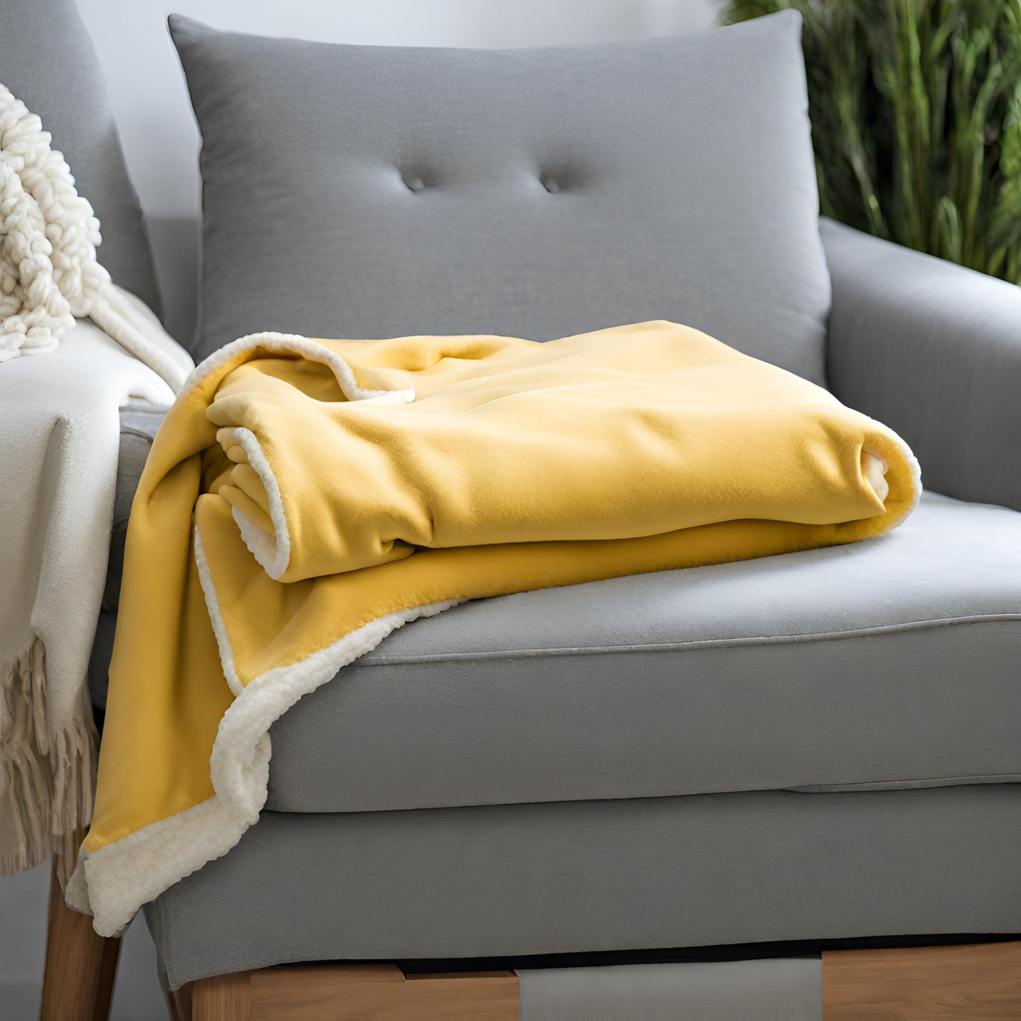 Pineapple Me Passionately Yellow Throw Blanket folded on armchair