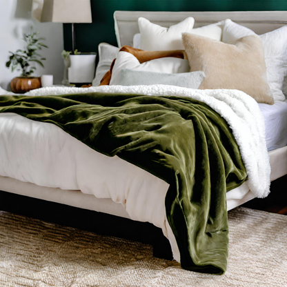 Late Night Lush Green Throw Blankets on Bed