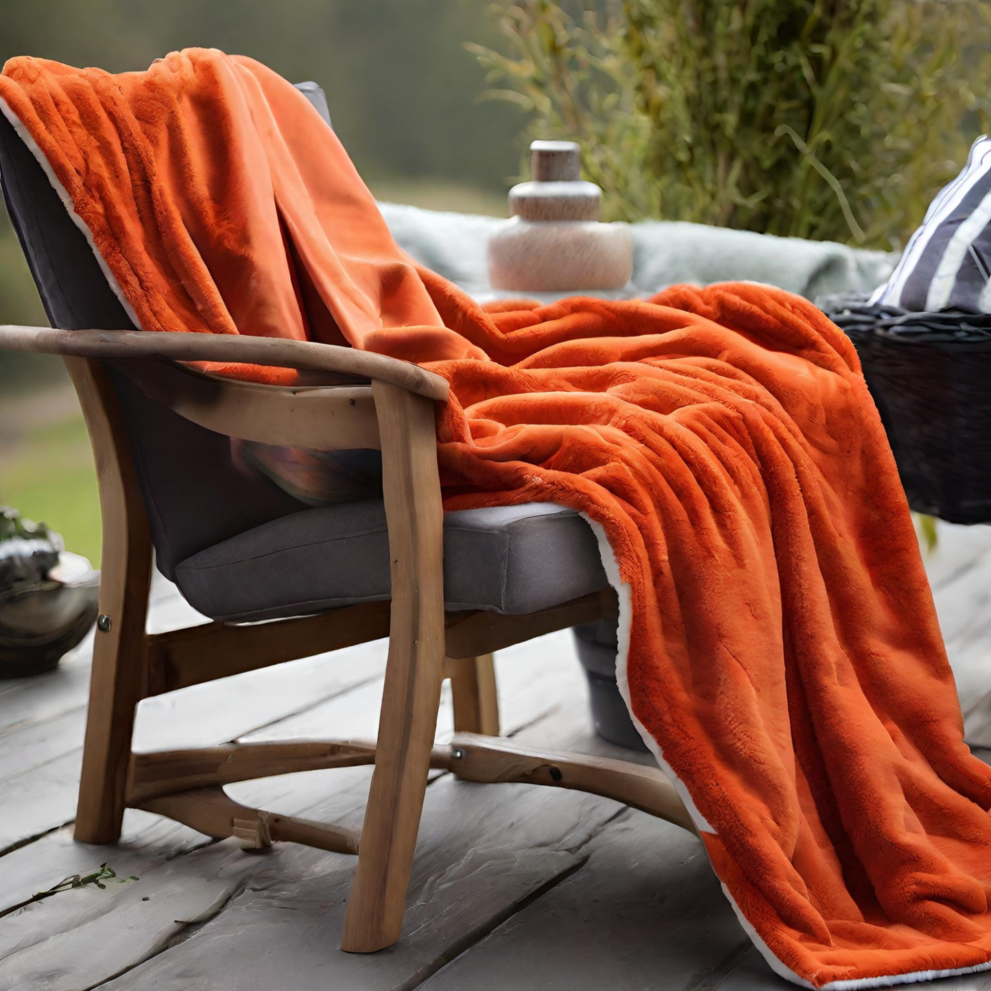 Tropical Tango Between the Sheets Orange Throw Blankets on armchair outside