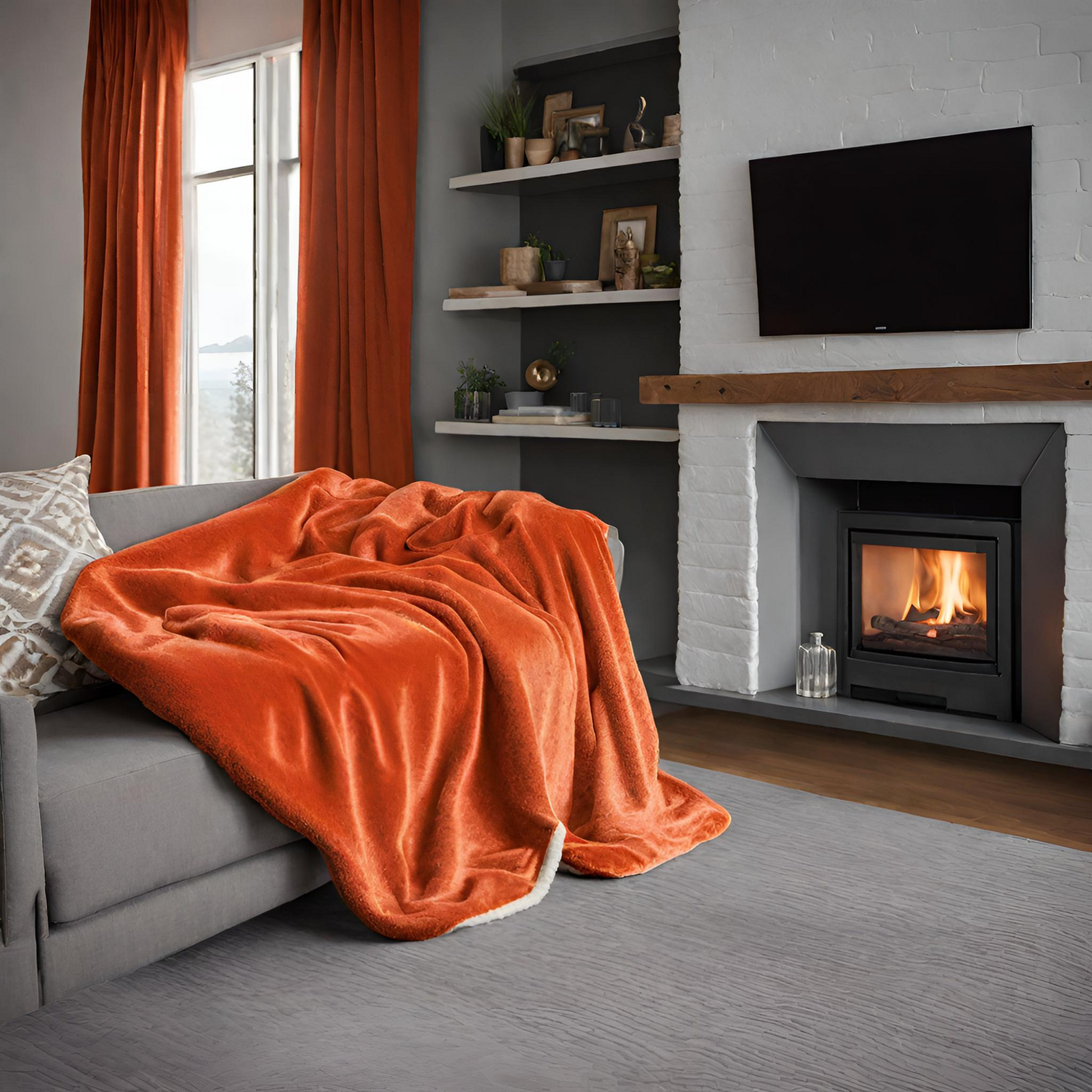Tropical Tango Between the Sheets Orange Throw Blankets on couch fireplace